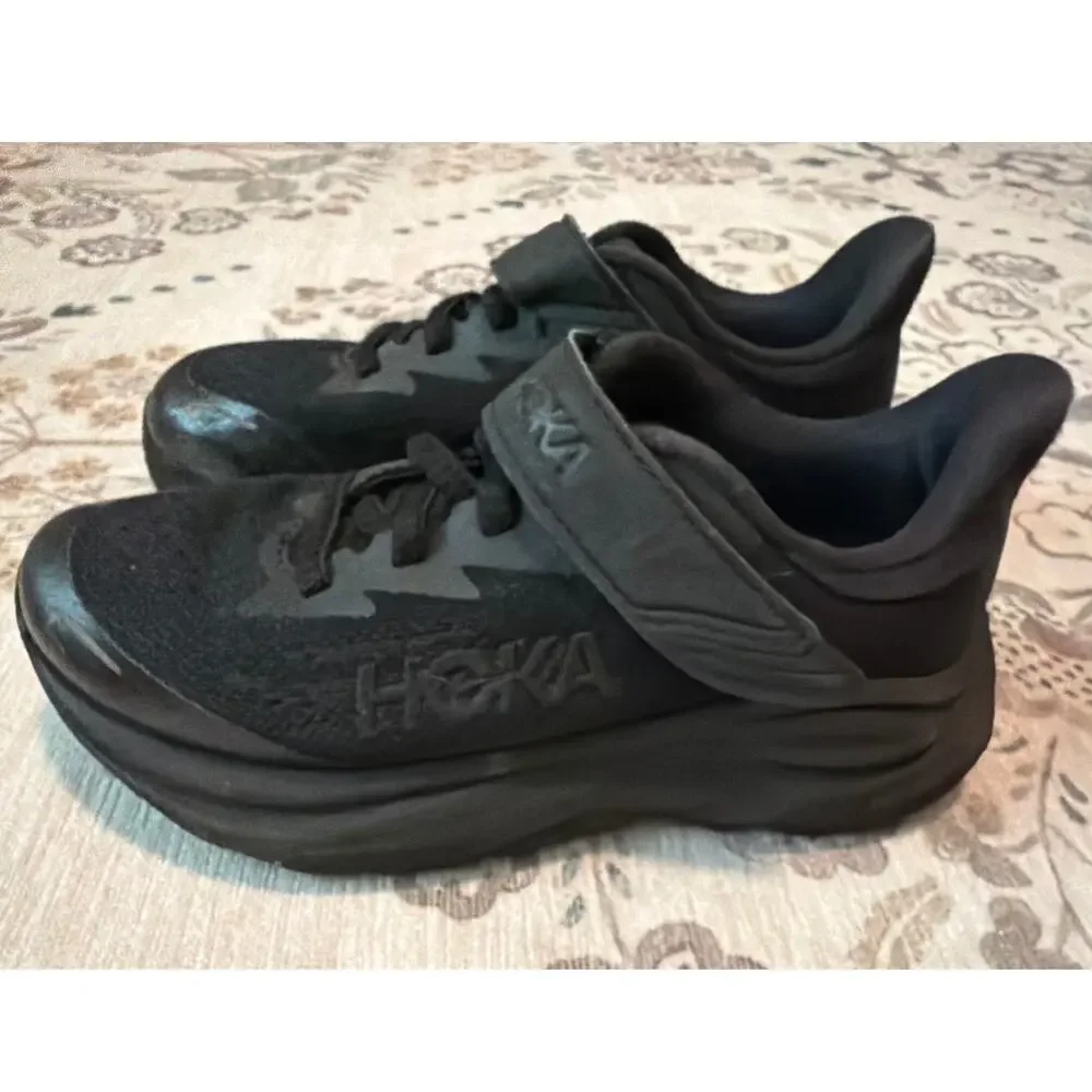 HOKA Kids Clifton 10 Black Stretch Lace Running Shoes Size 12 Little Kid